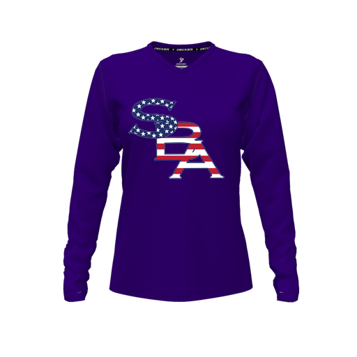 [CUS-DFW-TEES-PER-VNK-LSL-PUR-FYXS-LOGO1] Decker Performance T-Shirt (Female Youth XS, Purple, V Neck, Logo 1, Long Sleeve)